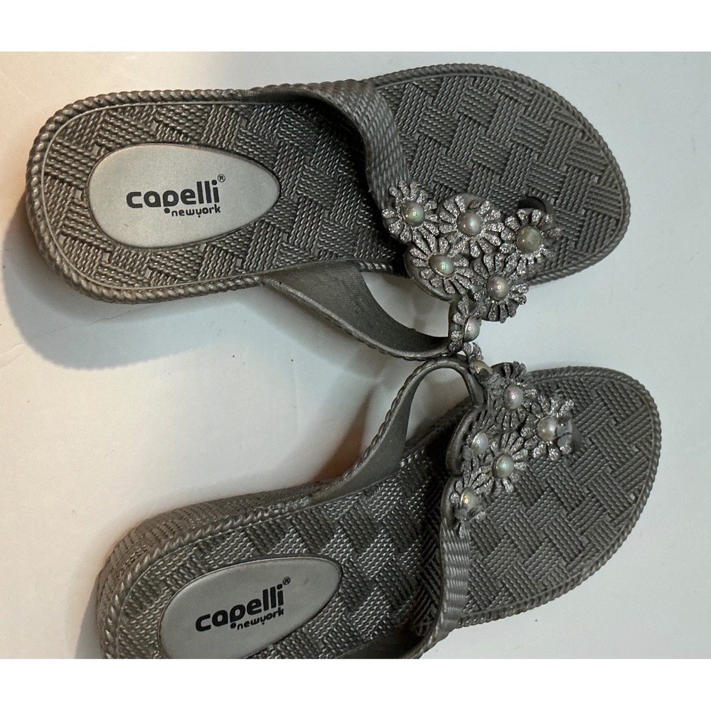 Capelli New York‎ Y2K Jelly Sandals Floral Pearl Wedge Flip Flops Silver Size 7
